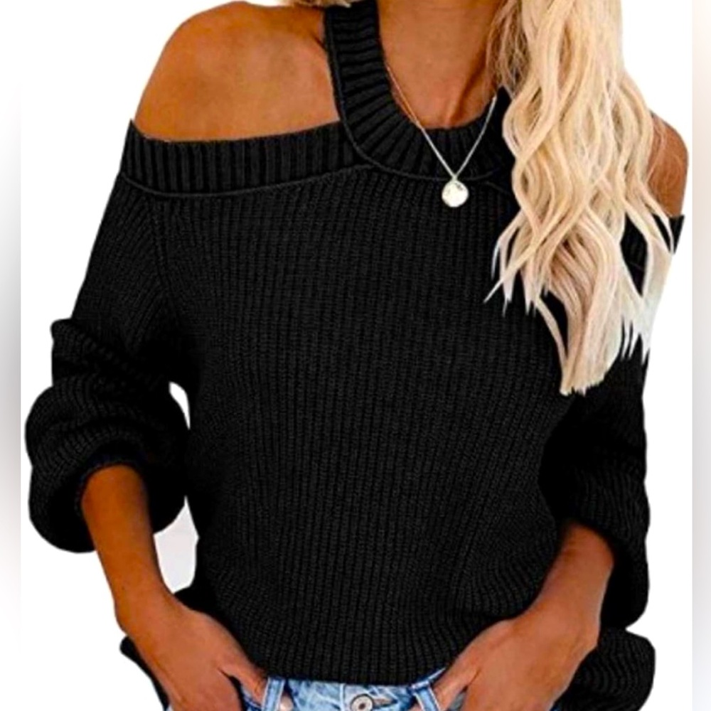 Sexyshine Women's Off Shoulder Criss Cross Back Black Sweater, Size Small